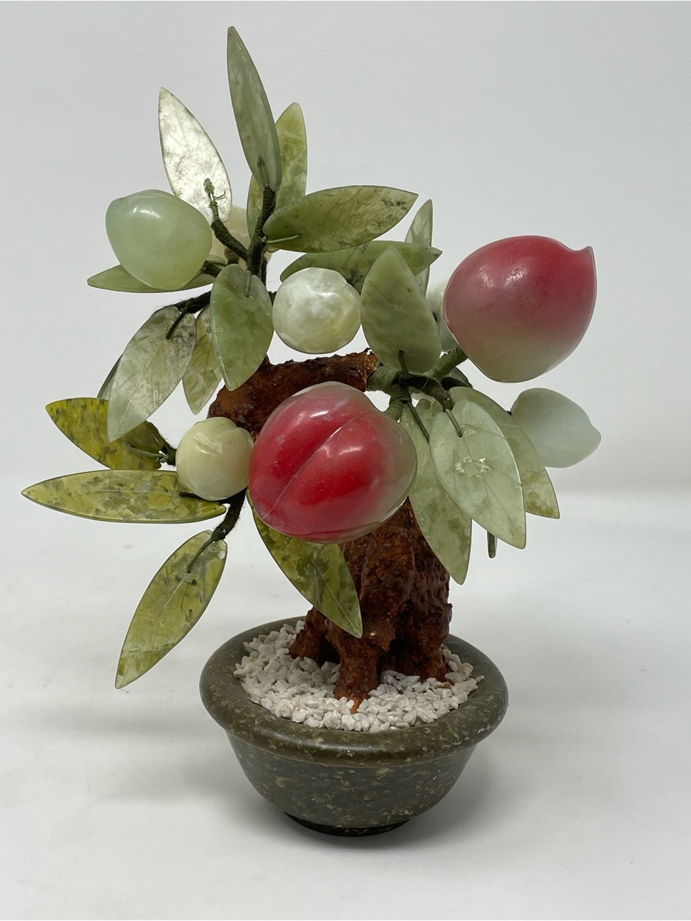 Decorative Jade Fruit Bonsai Sculpture in Green and Pink